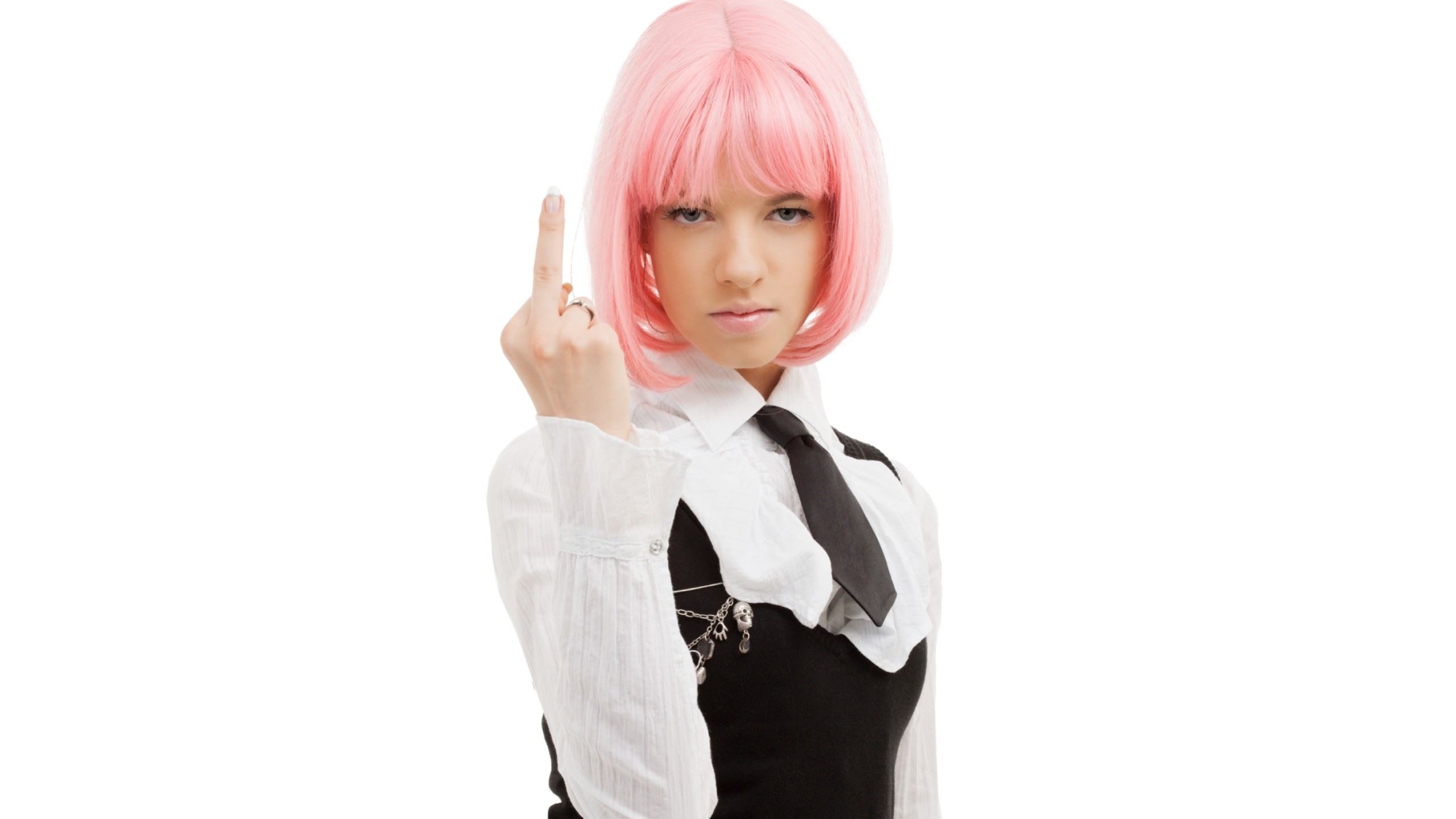 A woman with pink hair giving the finger.